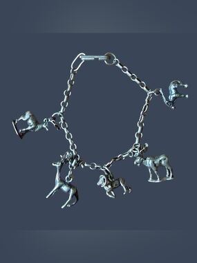 Solid Sterling Silver Vtg Charm Bracelet: Moose, Stag, Ram, Ibex, Buck. 7” 15.4g